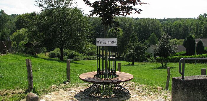 kreisförmige Sitzgelegenheit aus Holz um einen Baum herum mit Blick in die Landschaft
