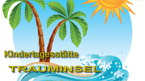 Logo der Trauminsel. Palmen auf Sandstrand