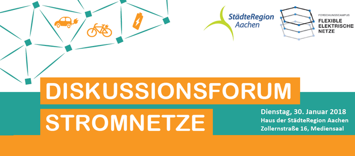 Diskussionsforum Stromnetze Titelseite in orange und grün zum Programm Diskussionsforum Stromnetze am 30.01.2018