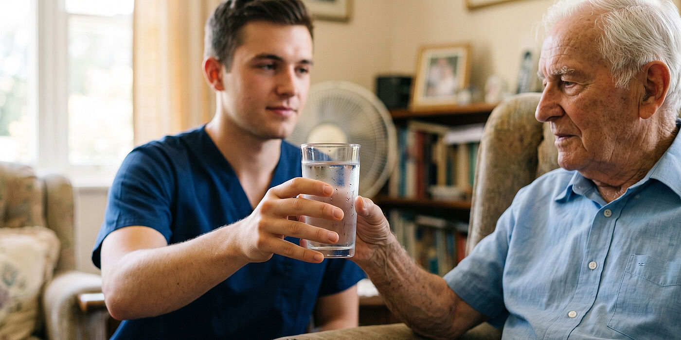 Pfleger reicht Senior ein Wasserglas im häuslichen Umfeld
