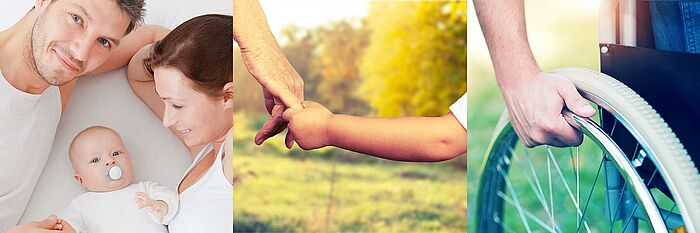 Eltern liegen neben mit ihrem Baby im Bett, Erwachsene Hand hält Kinderhand, Rollstuhl Hand