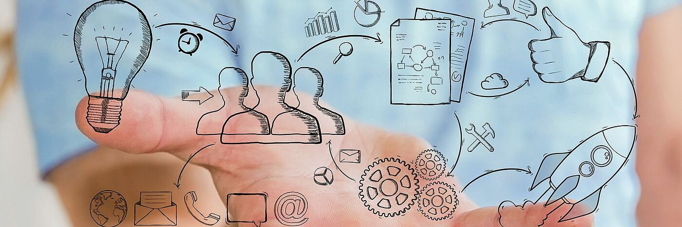 über einer Hand schweben mehrere Symbole, die mit Pfeilen verbunden sind. 