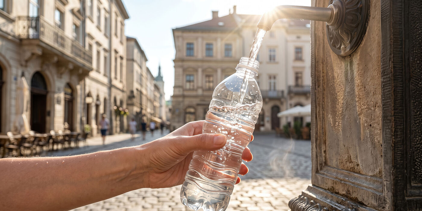 Wasserflasche wird an einem Trinkbrunnen aufgefüllt
