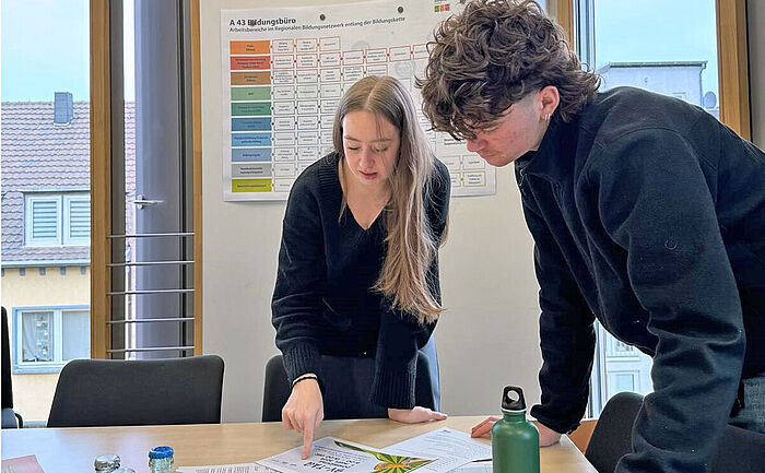 Zwei Freiwillige im sozialen Jahr besprechen ein gemeinsames Projekt in einem Büroraum