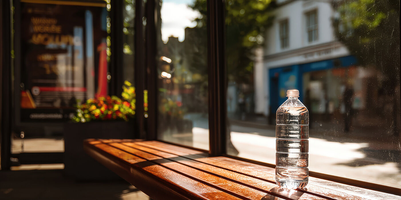 Wasserflasche auf einer öffentlichen Bank