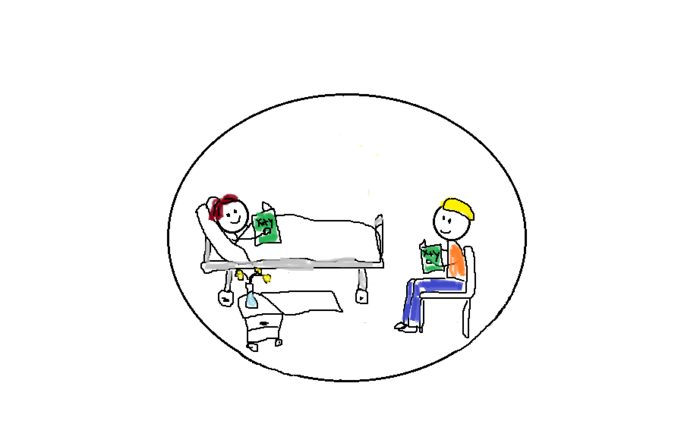 Zeichnung: Ein Lehrer sitzt im Krankenhaus am Bett eines Schülers und unterrichtet ihn in Mathematik.