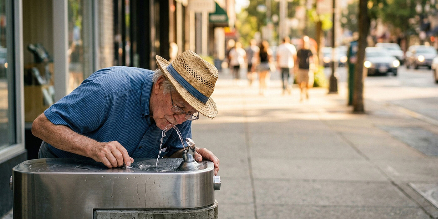 Senior trinkt Wasser an einem Trinkbrunnen