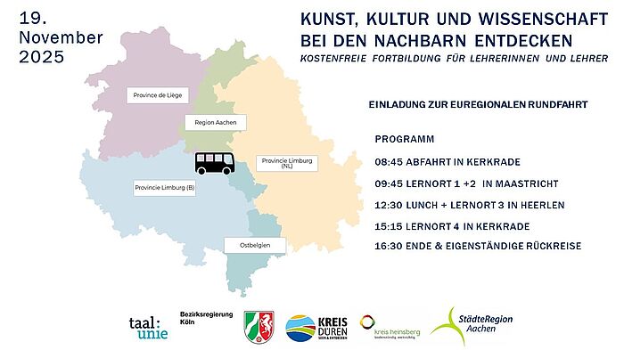 Karte Euregio mit Text: Kunst, Kultur und Wissenschaft bei den Nachbarn entdecken