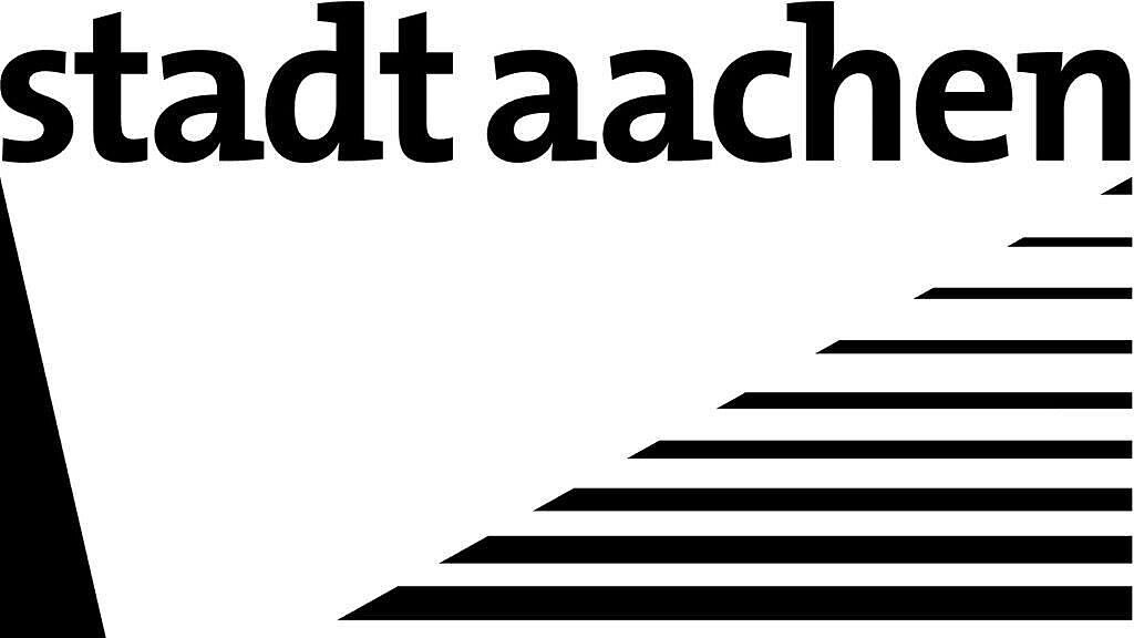 Stadt Aachen Logo, schwarzer Schriftzug mit Streifen auf weißem Hintergund
