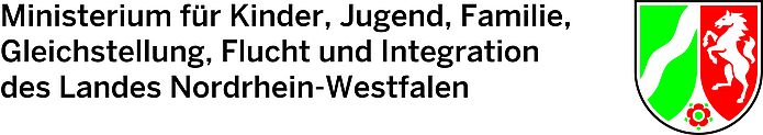 Voran steht ein Text mit dem Inhalt Ministerium für Kinder, Jugend, Familie, Gleichstellung, Flucht und Integration des Landes Nordrhein-Westfalen, dahinter rechts das Wappen des Landes Nordrhein-Westfalen