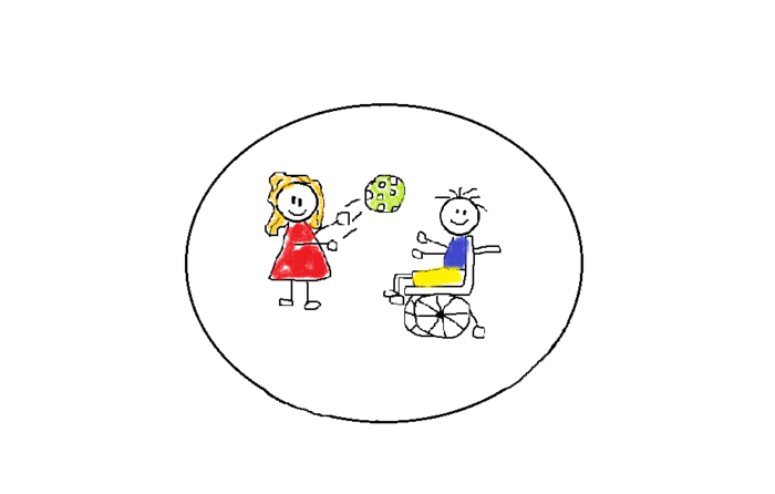 Zeichnung: Dargestellt sind zwei spielende Kinder. Ein Mädchen wirft einem Jungen im Rollstuhl einen Ball zu.