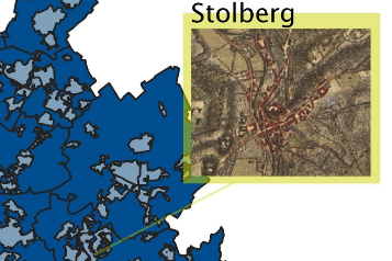 Ausschnitt einer historischen Karte von Stolberg als Teil einer Übersicht historischer Karten in der Städteregion
