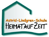 Logo der Schule: in grün sind die Umrisse eines Hauses dargestellt, innen steht in oranger Schrift auf weißem Grund "Astrid-Lindgren-Schule", daruter steht in schwarz "Heimat auf Zeit".