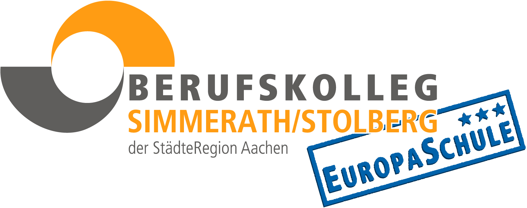 Logo der Schule: in grauer Schrift auf weißem Grund das Wort "Berufskolleg", daruter steht in orange "Simmerath/Stolberg", darunter wieder in grau "der StädteRegion Aachen". Daneben steht in blauer Schrift und umrahmt: "Europaschule" und darüber sind 3 Sterne.