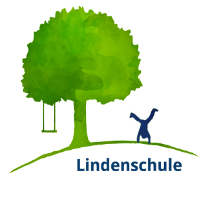 Auf dem Logo ist ein komplett grüner Baum, an dem eine grüne Schaukel hängt. Daneben macht eine blaue Figur einen Radschlag. Darunter steht in blauer Schrift: Lindenschule