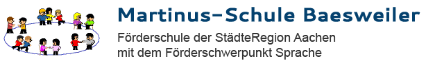 Logo der Schule: gezeichnete Kinder stehen in Gruppen zusammen um einen Kreis. Daneben steht in blauer Schrift auf weißem Grund "Matinus-Schule Baesweiler" und darunter "Förderschule der StädteRegion Aachen mit dem Förderschwerpunkt Sprache".