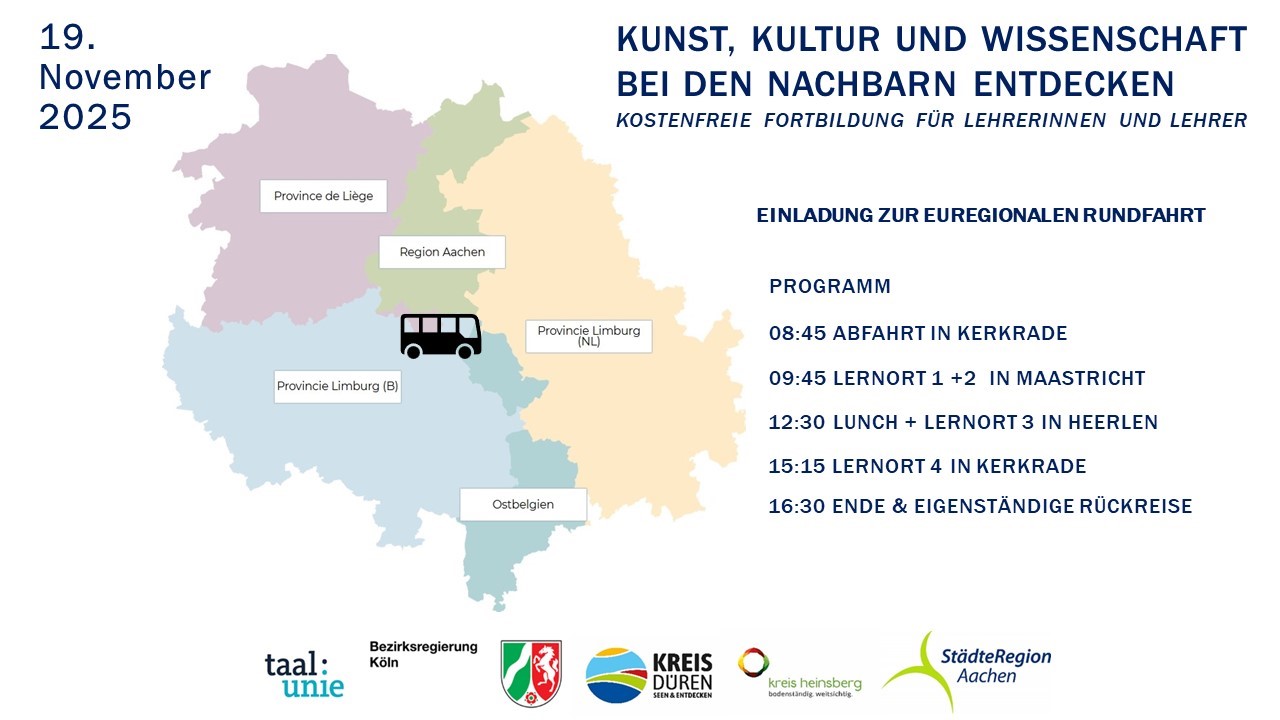 Karte Euregio mit Text: Kunst, Kultur und Wissenschaft bei den Nachbarn entdecken