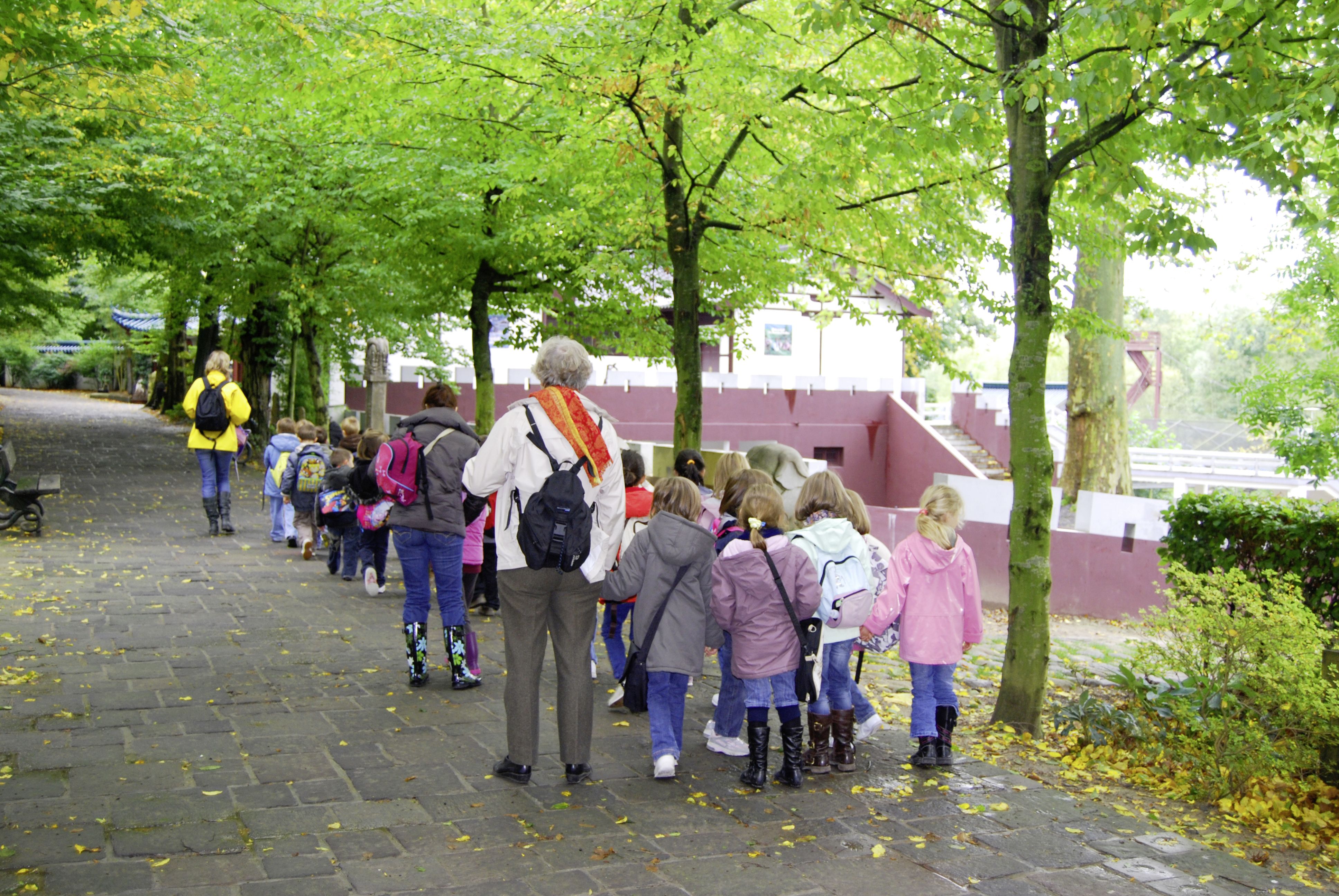 Zu sehen ist eine Grundschulklasse (Kinder mit dem Rücken zur Kamera) auf dem Weg zu einem Schulausflug.