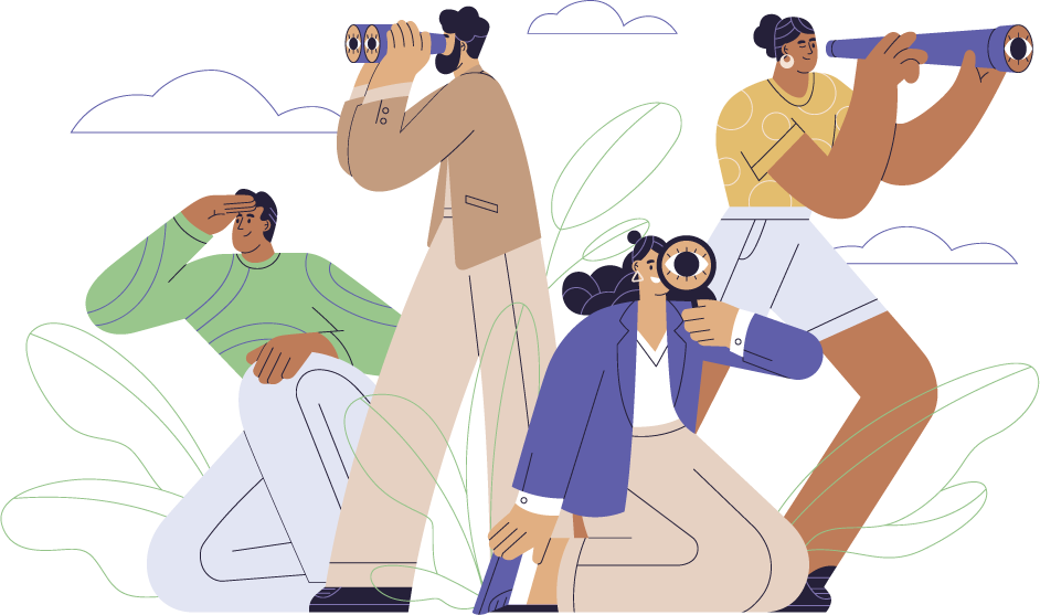 Bunte Illustration: stellt vier Menschen, die mit Lupe und Fernglas weiterblicken