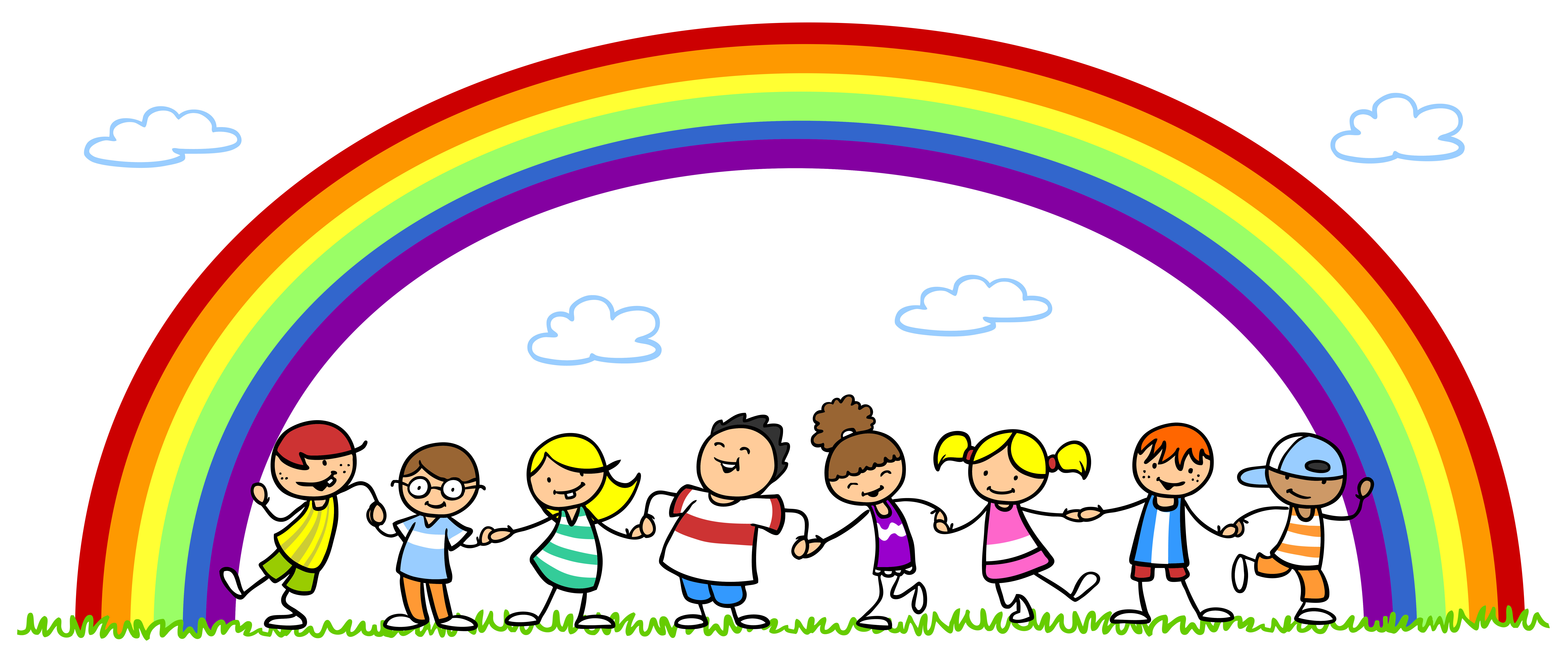 gezeichnete Kinder die fröhlich Händehaltend unter einem Regenborgen stehen