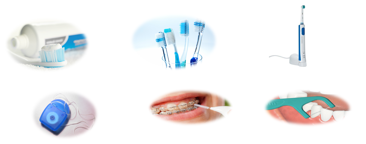 6 kleine Bilder von Zahnpasta, Zahnbürsten, elektrischer Zahnbürste, Zahnseide, Interdentalraumbürste und Zahnseidestick