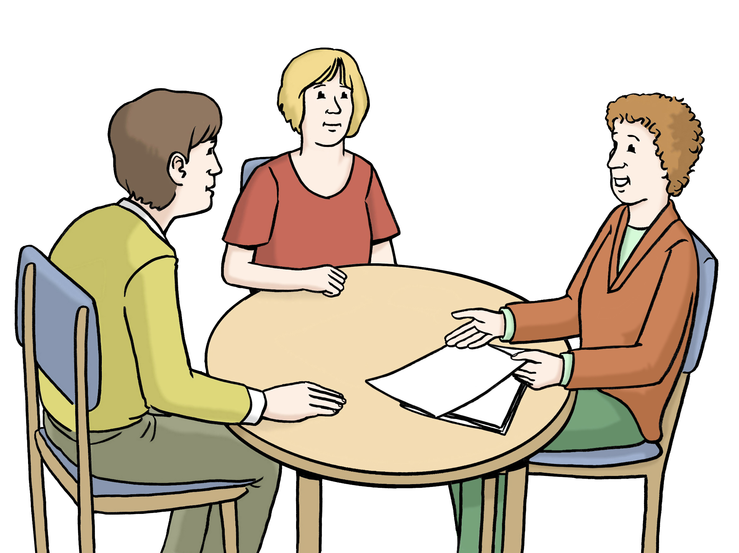 Drei Personen sitzen an einem runden Tisch im Gespräch