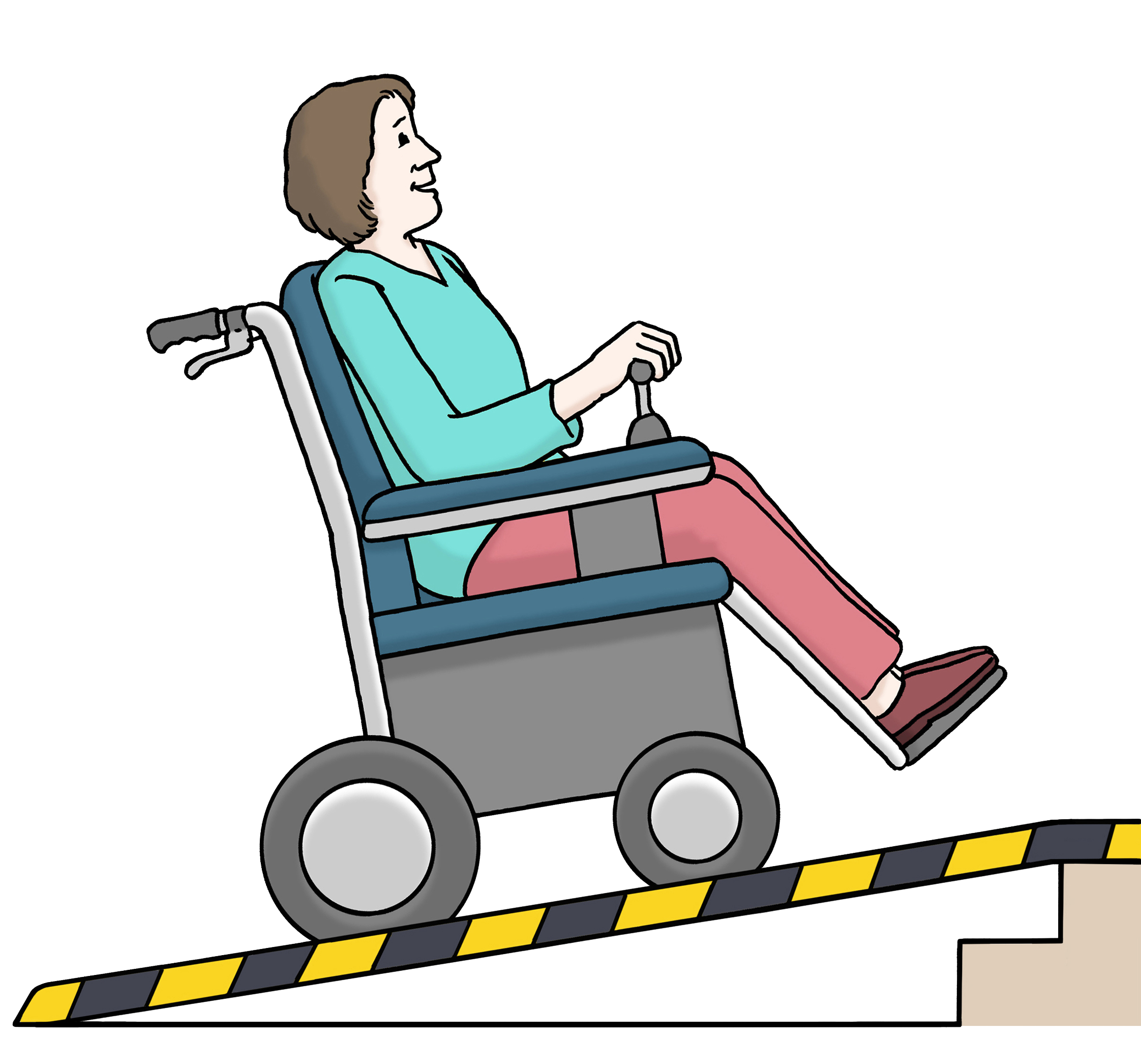 Eine Frau die in ihrem Rollstuhl eine Rampe hochfährt