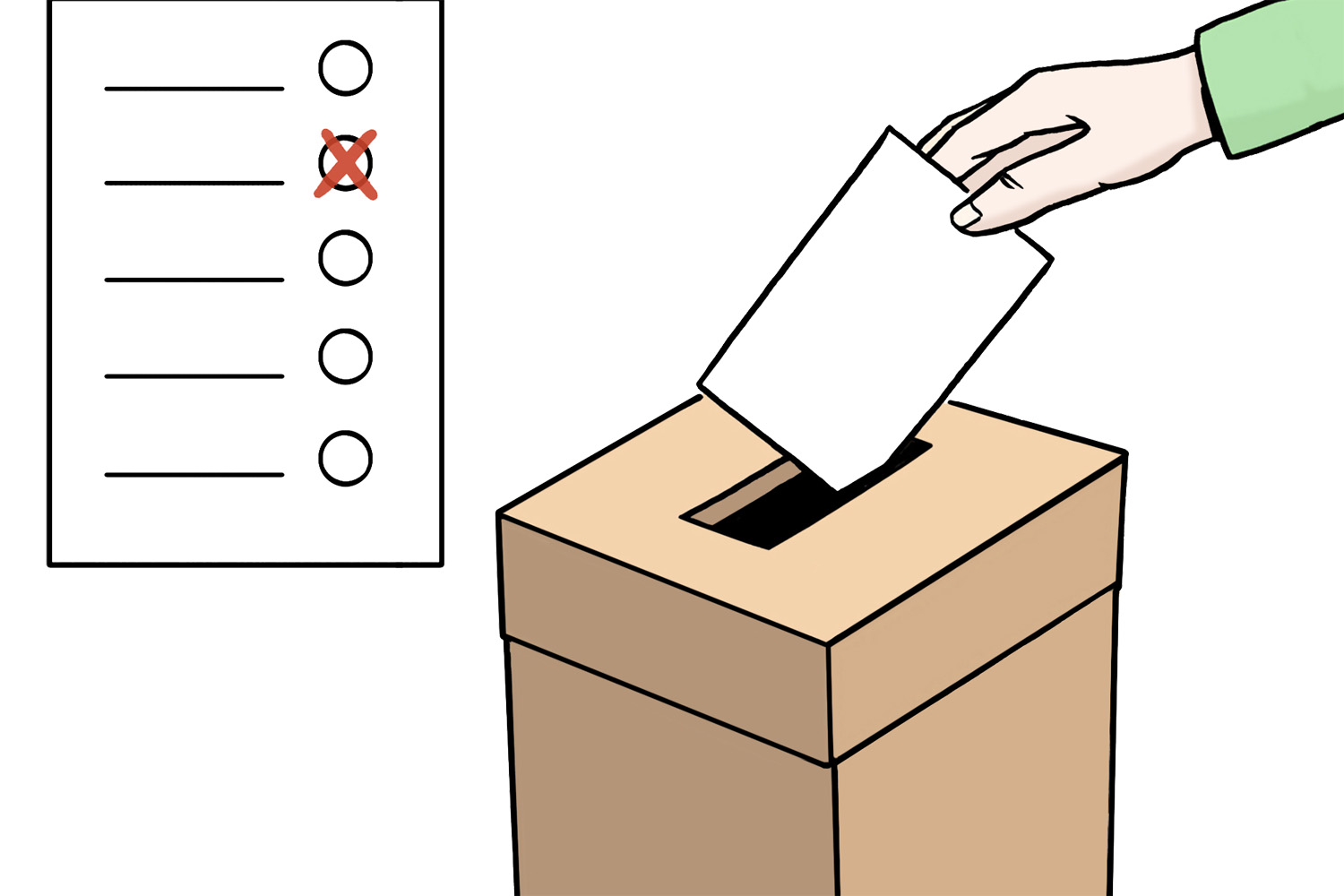 Wahlzettel, Wahlurne und Hand, die einen Wahlschein in die Urne wirft.