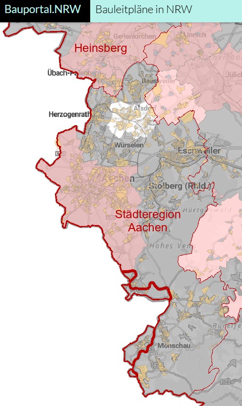 Bildschirmfoto der Anwendung "Bauportal NRW, Bauleitpläne in Nordrhein-Westfalen" im Bereich der Städteregion Aachen.