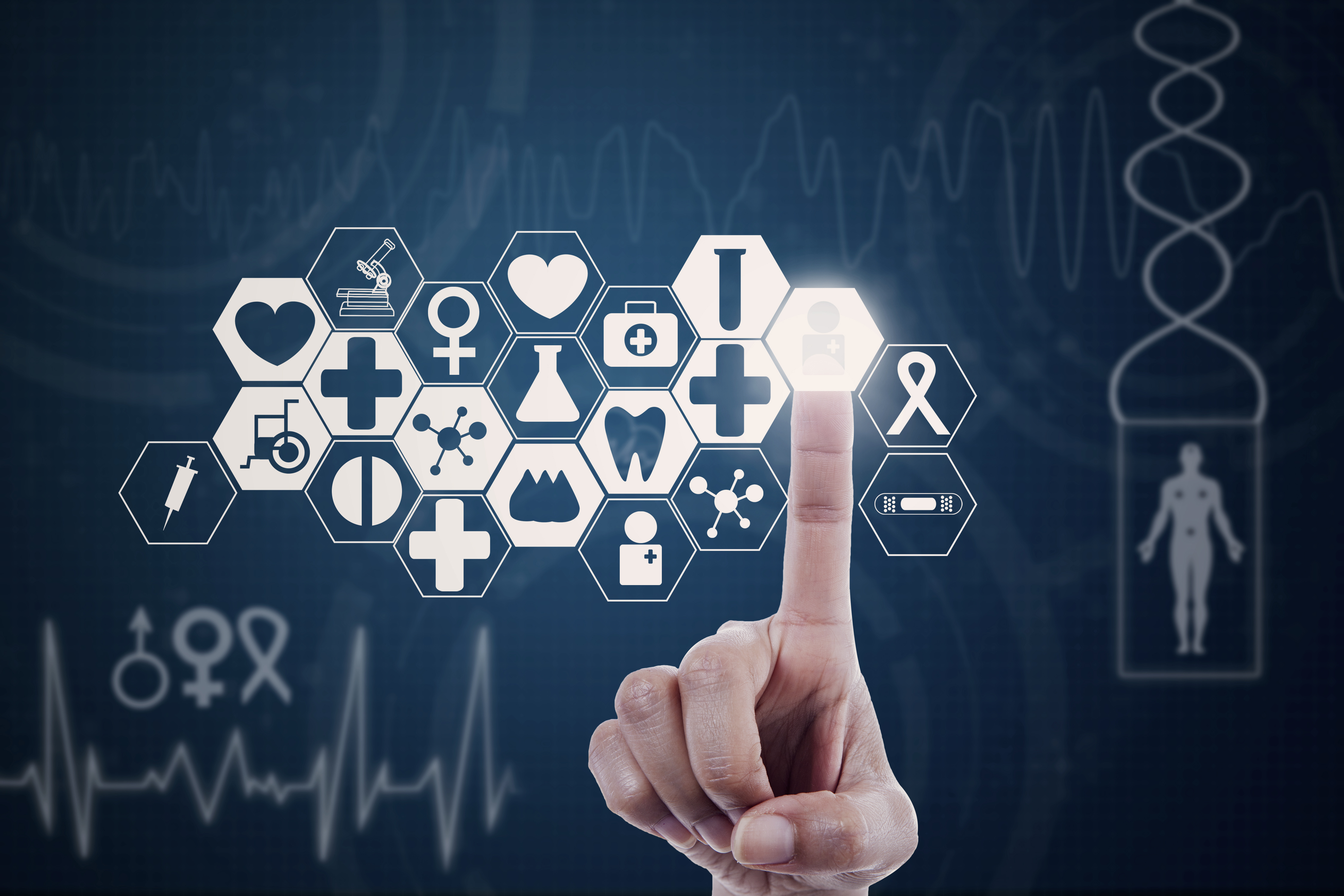 Sinnbild für das Thema Gesundheit mit Fingerzeig auf eines von vielen Einzelsymbolen.