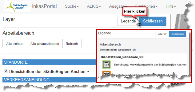 Bildschirmkopie der Anwendung Geoportal zur Darstellung der Legendenfunktion