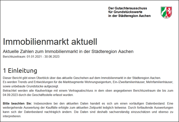 Auszug "Immobilienmarkt Aktuell" - Titelseite Auszug aus neuen Quartalsbericht Immobilienmarkt Aktuell des Gutachterausschusses für Grundstückswerte. Hier die Titelseite.