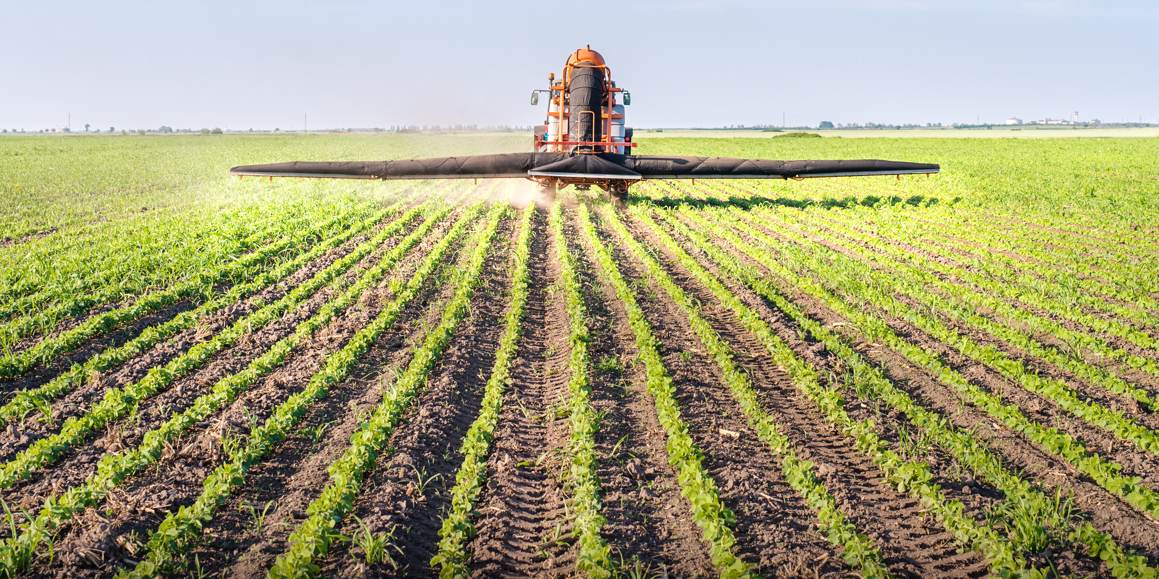 Ein Traktor der auf dem Feld Pestizide versprüht