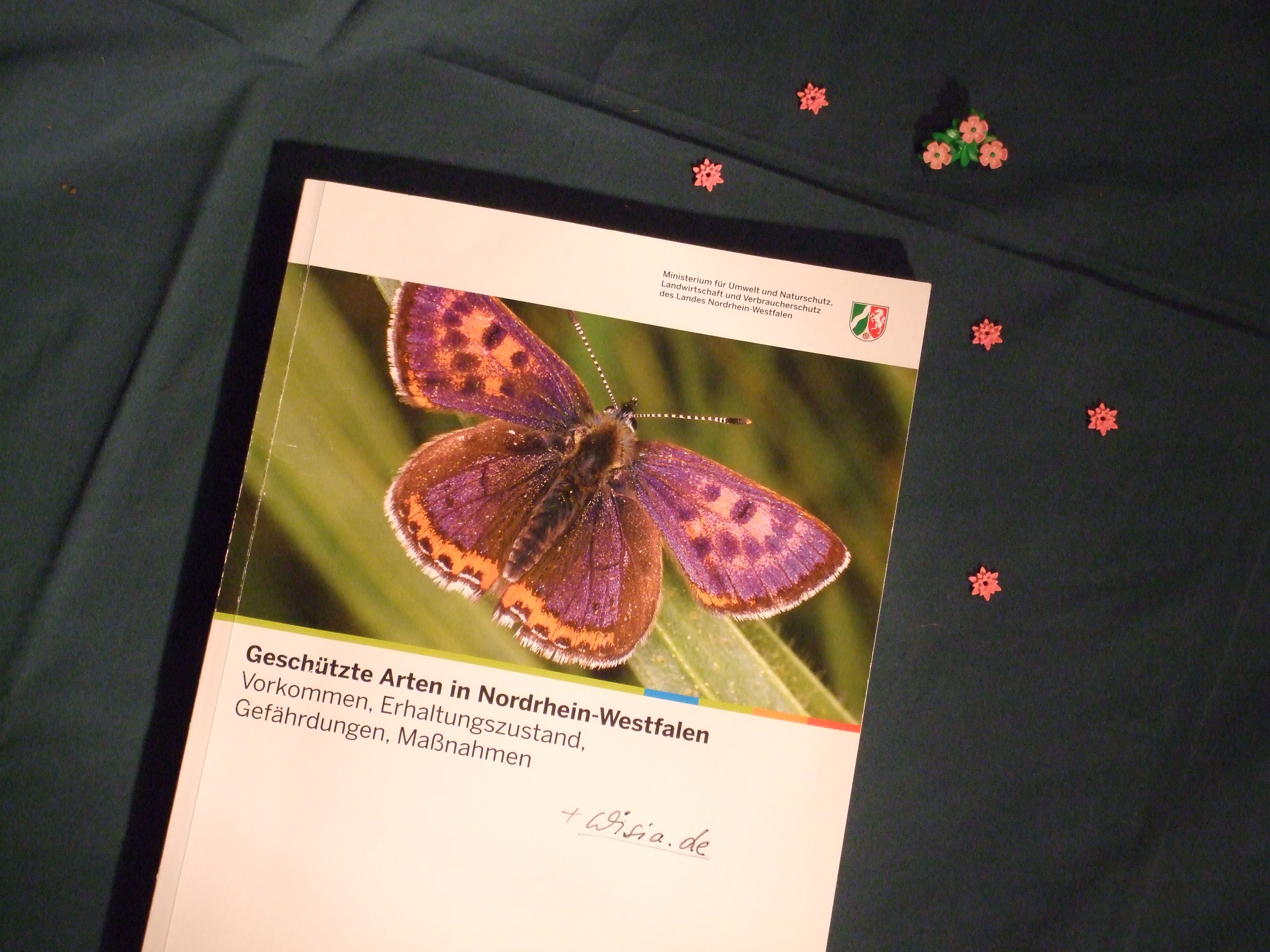 Ein Buch ist zu sehen über die geschützten Arten in NRW. Auf dem Cover ist ein Violett-Oranger Schmetterling der auf einem grünen Grashalm sitzt