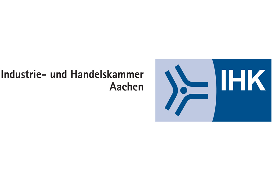 IHK Logo, schwarz-weißer Schriftzug mit blauen Zeichen auf weißem oder blauen Hintergrund