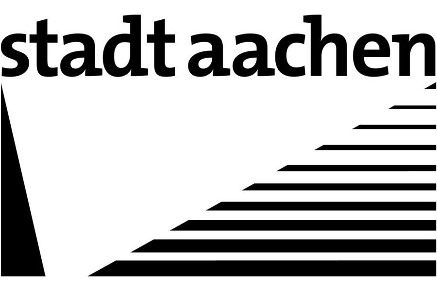 Stadt Aachen Logo, schwarzer Schriftzug mit Streifen auf weißem Hintergund