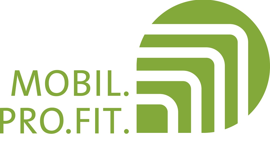 Logo vom Mobil.Pro.Fit, ein grünes Blatt mit weißen streifen und dem Schriftzug