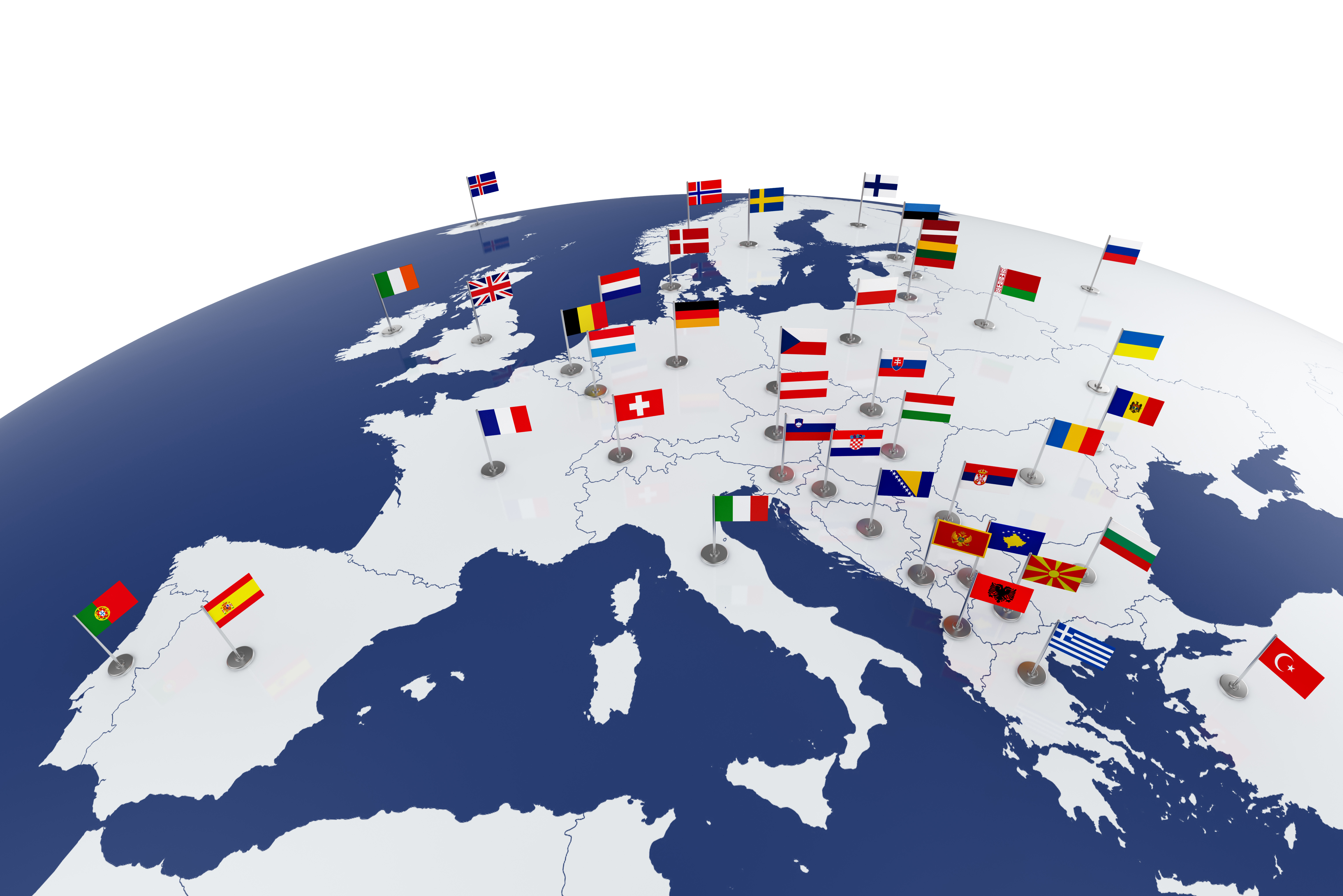 Ein Teil der Weltkugel auf dem Europa zu sehen ist. Darauf verteilt die Fahnen der Länder