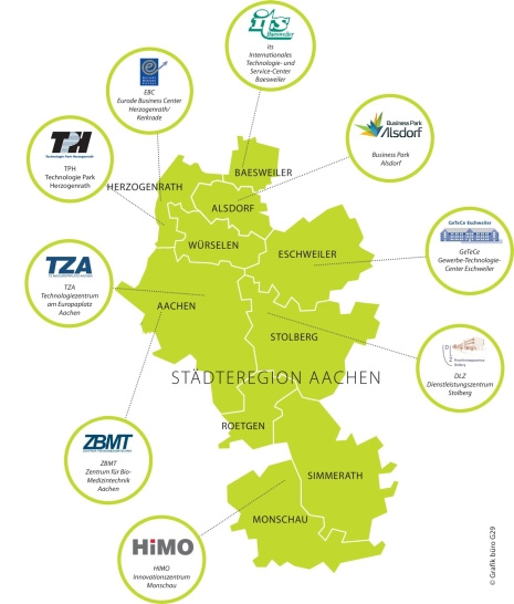 Karte der StädteRegion Aachen mit den Logos der Technologie- und Gründerzentren