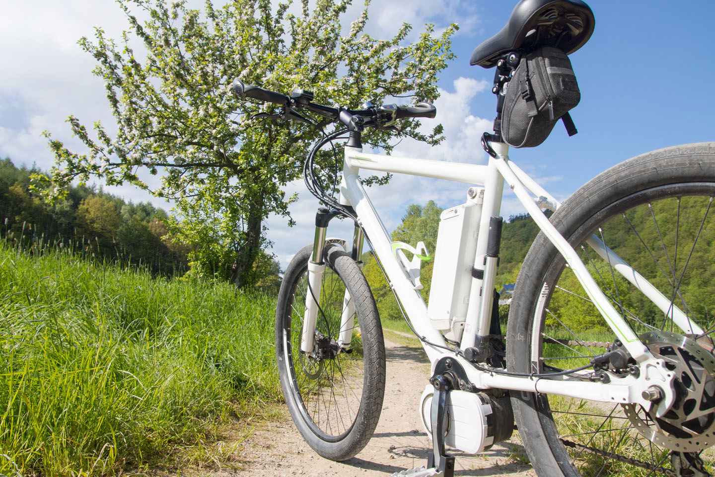 Weißes E-Bike, dass in naturnaher Landschaft auf einem Weg abgestellt ist