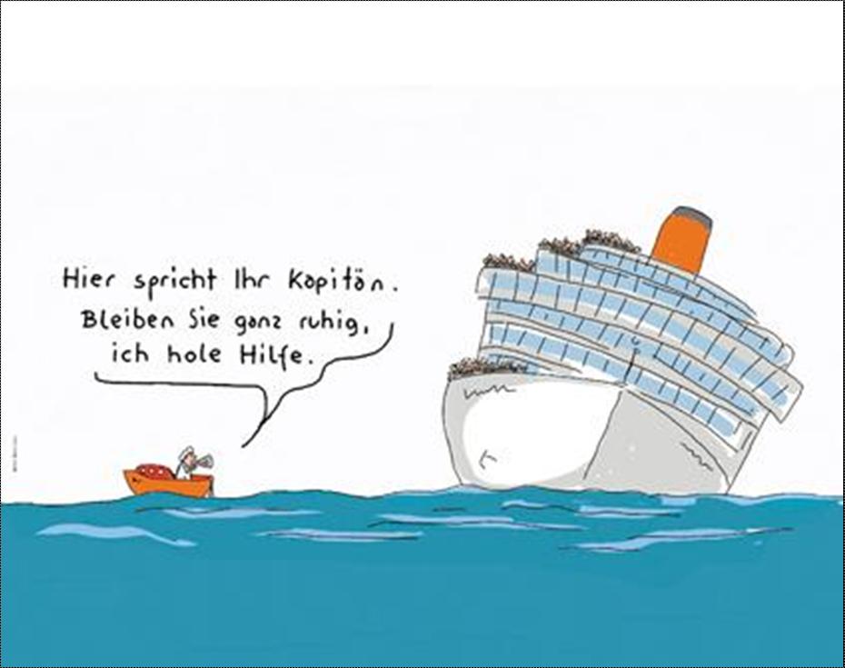 Sinkendes Schiff und Kapitän allein im rettenden Beiboot.